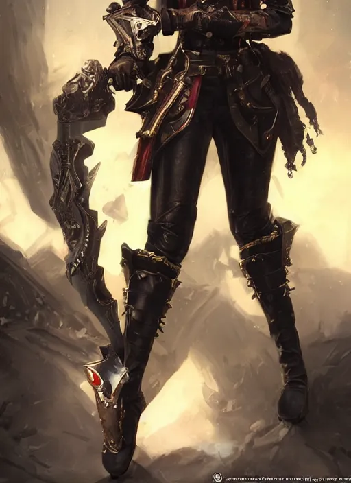 Prompt: beautiful female inquisitor, warhammer 40k, leather armor, bolt pistol in one hand, chainsword in the other, tight leather leggins, full body, ultra facial detail, Tooth Wu Artgerm Greg Rutkowski artstation deviantart, 8k, fanart, extreme aesthetic