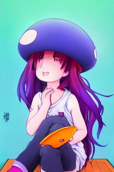 Image similar to a beautiful little girl wearing a mushroom hat sitting in her room petting a frog in her lap | | purple hair, pretty face, sharped details, in ryuuou no oshigoto art style, trending on pixiv, anatomically correct