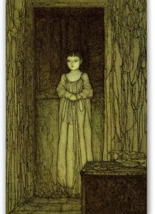 Image similar to little girl in a room by john bauer, arthur rackham