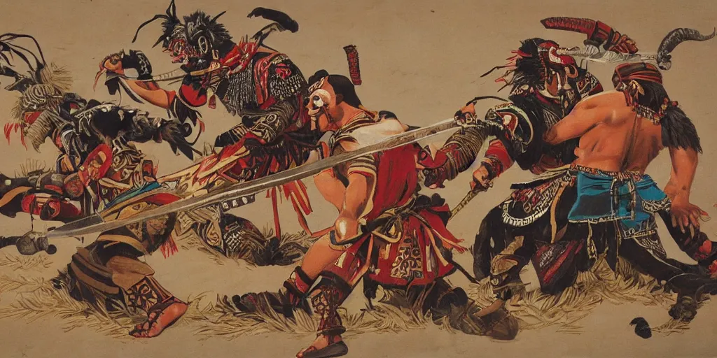 Prompt: Aztec Jaguar Warrior fighting with Samurai in a one on one fight. Highly detailed, movie scene.