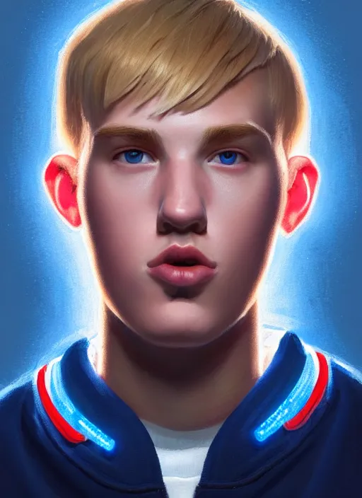 Image similar to portrait of high school senior boy named big moose, blonde short hair, jock, beefy, wide face, square jaw, square facial structure, blue varsity jacket with letter r, intricate, elegant, glowing lights, highly detailed, digital painting, artstation, concept art, sharp focus, illustration, art by wlop, mars ravelo and greg rutkowski