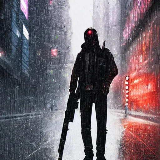 Prompt: a man holding a gun in a cyberpunk city the background is the cyberpunk city and it's raining close - up shot by greg rutkowski