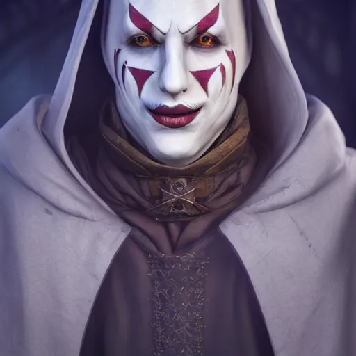 Image similar to a digital art close up portrait of hooded bard with porcelain mask in style of d & d character, handsome warlock with magic character sheet, light clown makeup, 4 k, ultra detail, volumetric lighting, unreal engine, octane render, grimdark