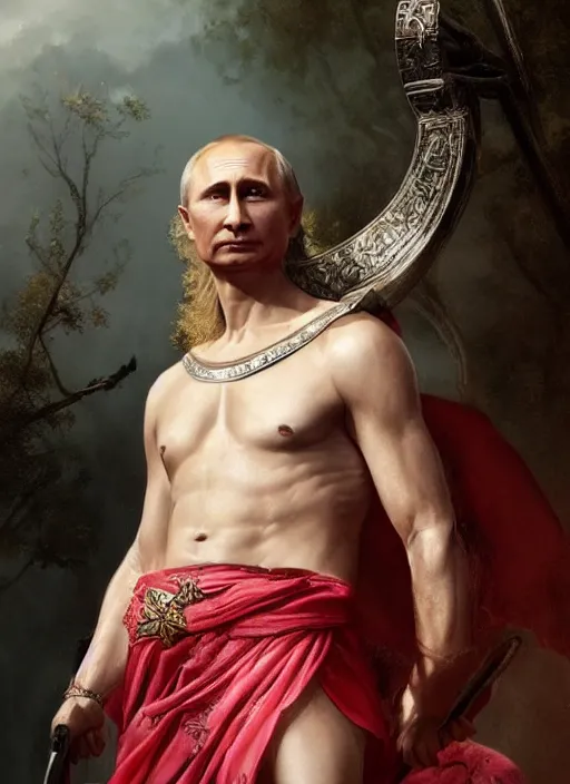 Image similar to vladimir putin as a magnificent beautiful greek god in a crown and short pink balerrina skirt by greg rutkowski