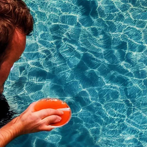 Prompt: a man touching a pool of liquid that shows a reflection of a ghost