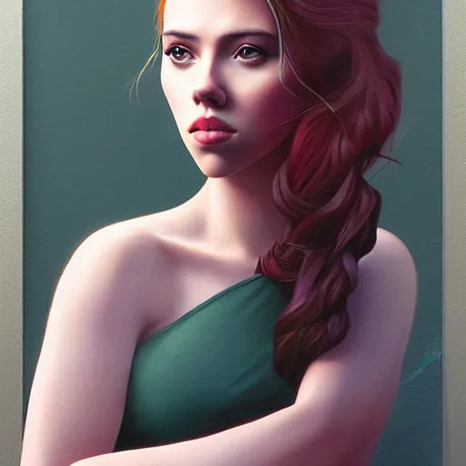 Prompt: a beautiful scenic painting of a beautiful young woman that looks like scarlett johansson by artgerm and wlop and wes anderson and spike jonze