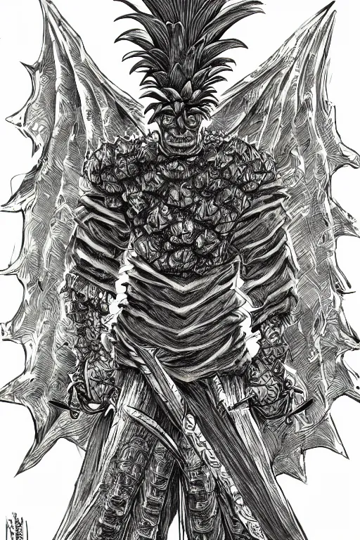 Image similar to pineapple humanoid figure monster wearing pineapple themed armour, symmetrical, highly detailed, digital art, sharp focus, trending on art station, kentaro miura manga art style