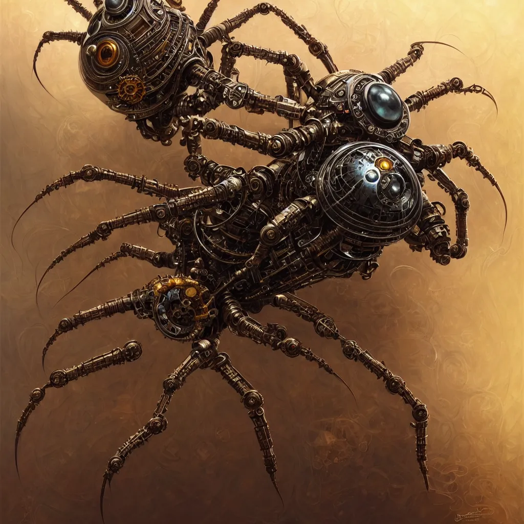 Image similar to portrait shot of a steampunk robot spider, intricate, elegant, highly detailed, centered, digital painting, artstation, concept art, smooth, sharp focus, illustration, artgerm, tomasz alen kopera, peter mohrbacher, donato giancola, joseph christian leyendecker, wlop, boris vallejo