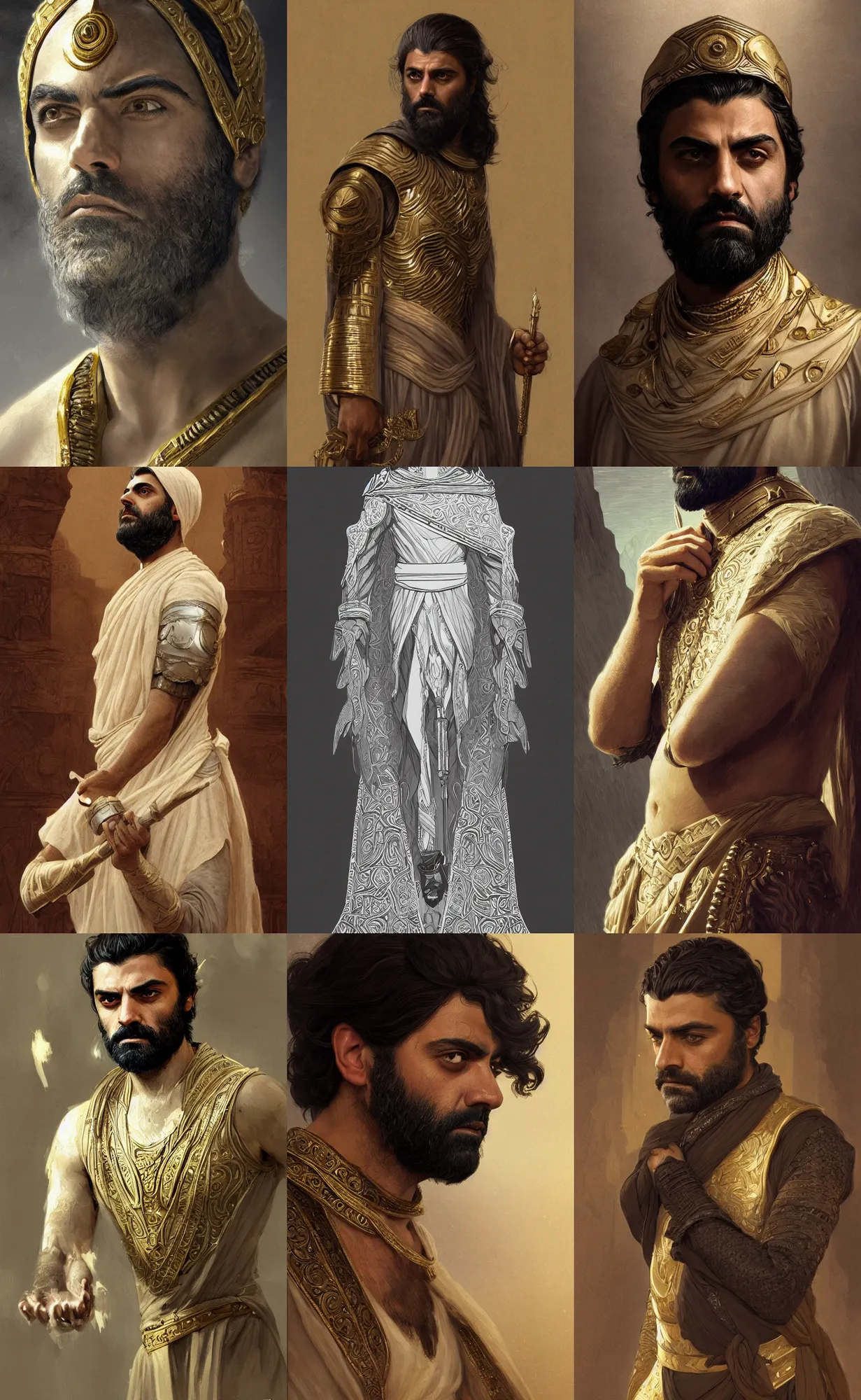 Prompt: bearded oscar isaac as pharaoh, intricate, elegant, highly detailed, digital painting, artstation, concept art, smooth, sharp focus, illustration, d&d, art by rutkowski, orientalism, bouguereau