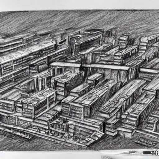 Image similar to pencil sketch of destroyed city bird view