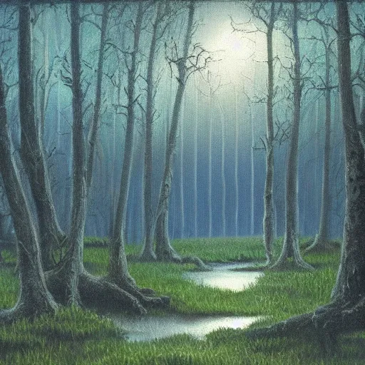 Image similar to will o'the wisp floating in the air over a clearing in the forest surrounding a swamp, evening, highly detailed, oil painting