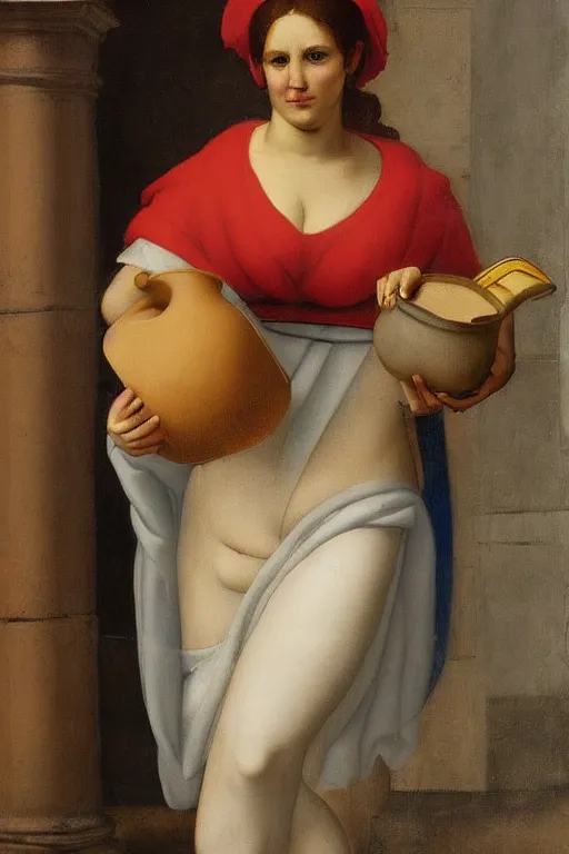 Prompt: a voluptuous beautiful woman from ancient Greece carrying a jug of milk, realistic, gritty, vivid colors, Raphael