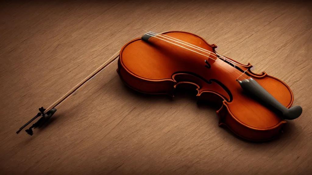 Image similar to a violin on an ancient wood table, 3/4 view, beautifull reflexions, detailed, photorealistic, octane render