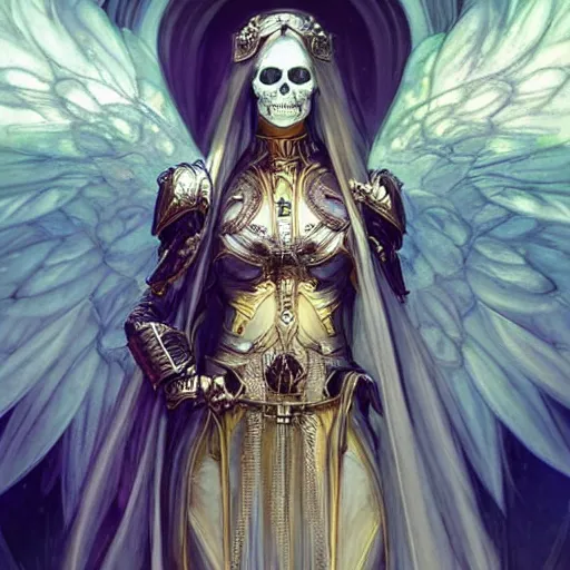 Prompt: A beautiful digital painting of a strong woman archangel with blond hair, in a regal armor, princess, a ghostly skull behind her, D&D, fantasy, intricate, cinematic lighting, highly detailed, digital painting, Artstation, concept art, smooth, sharp focus, illustration, art by Artgerm and Greg Rutkowski, Alphonse Mucha and charlie bowater