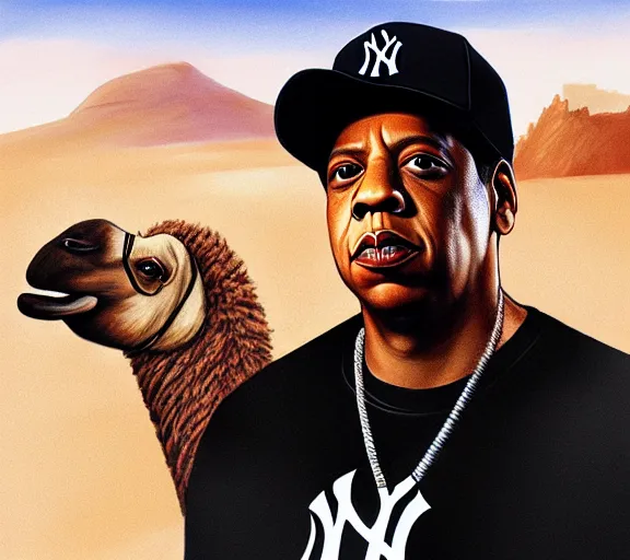 Prompt: portrait of jay - z wearing a yankee baseball hat and a black t - shirt, standing next to a camel, sand desert fantasy, matte painting, highly detailed, art by artgerm, artstation