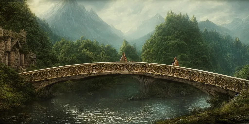 Image similar to , Arwen and Aragorn having a romantic moment on the bridge at Rivendell, evening, detailed matte painting, cinematic, Alan Lee, Artstation