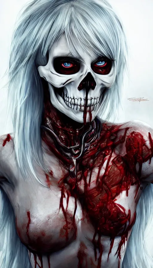 Prompt: skeleton covered with blood, jessica nigri face!!, highly detailed face, long white hair, beautiful blue eyes, black heavy eyeliner, ultra realistic, concept art, intricate details, photorealistic, octane render, 8 k, unreal engine. retro film still, heavy grain, 3 5 mm, art by artgerm and greg rutkowski and alphonse mucha