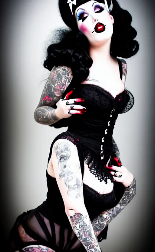 Image similar to looking up at a goth girl with a detailed face and black hair, burlesque psychobilly, rockabilly, punk,