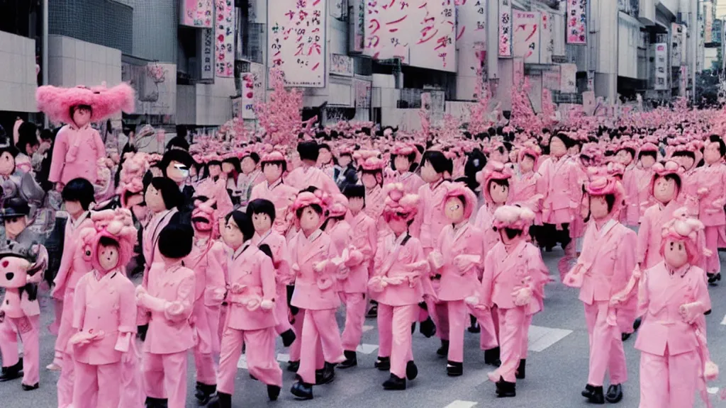 Prompt: manga of the imperial family in a parade on the streets Tokyo the imperial family are all dressed in pink and wearing pig masks, film still from the an anime directed by Katsuhiro Otomo with art direction by Salvador Dalí, wide lens