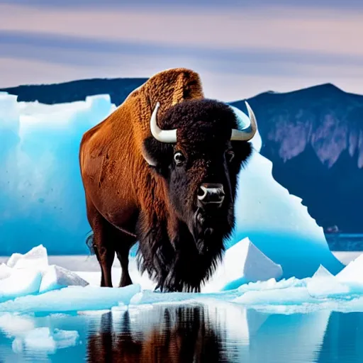 Image similar to photo of a bison on an iceberg in the ocean with peppermint candy sticking out of the sides of the iceberg, 5 0 mm, beautiful photo