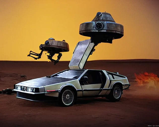 Image similar to doc brown and the delorean encounter the jawas on tatooine