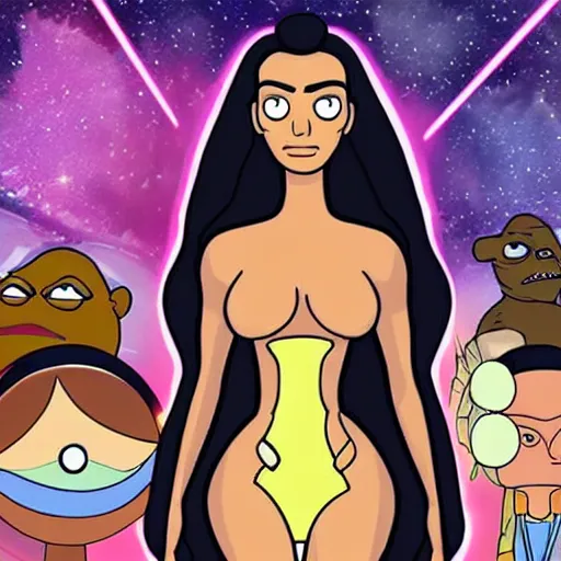 Image similar to kim kardashian in star wars with the beatles and bird person from rick and morty simpsons style high detail