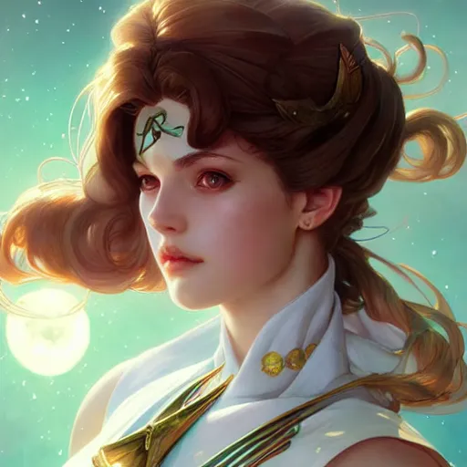 Image similar to Sailor Jupiter, fantasy, intricate, elegant, highly detailed, digital painting, artstation, concept art, matte, sharp focus, illustration, art by Artgerm and Greg Rutkowski and Alphonse Mucha