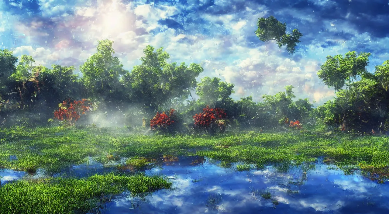 Prompt: very big raindrops floating in a perfect blue sunny sky above dead land, hyper detailed photorealistic, saturated colors