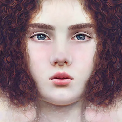 Image similar to a realistic cg rendering, a beautiful girl, long black curly hair, a slightly round face, deep and charming eyes, a touch of blush, a small and exquisite nose, delicate pale pink lips, a symmetrical face, symmetrical eyes, elegant and lovelyin the style of nikolai fechine and klimt