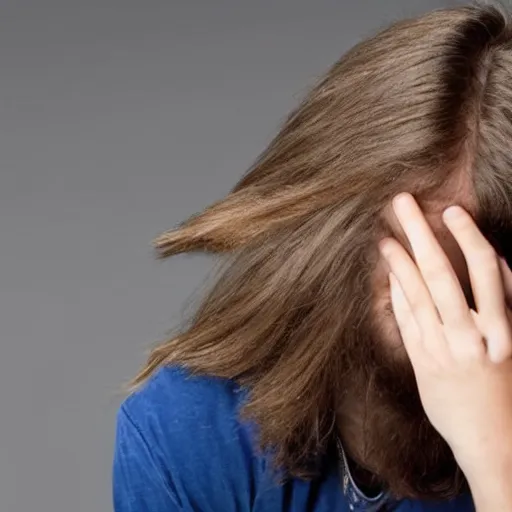 Image similar to a teenager boy with a long hair that covers his face