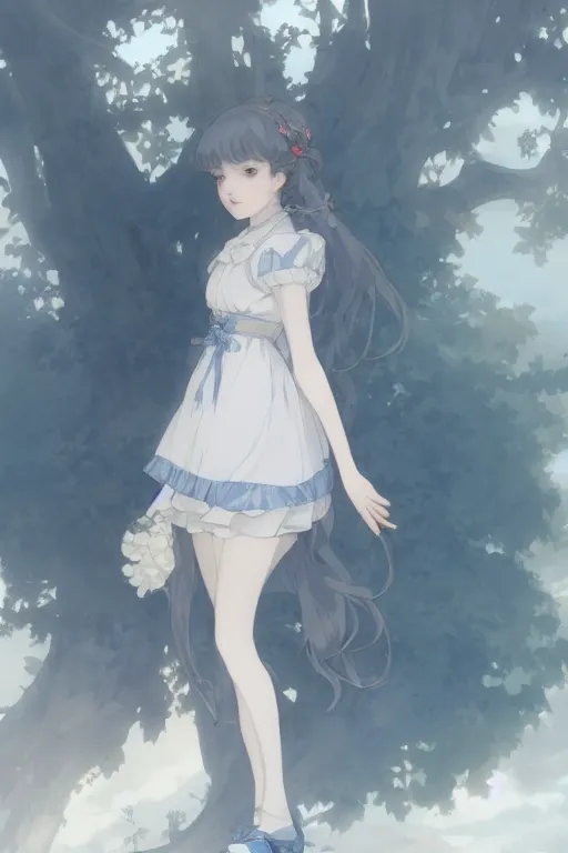 Prompt: a character design of a young lolita dressed girl, full body, grey and blue theme, wavy white long hair by krenz cushart and mucha and akihito yoshida and makoto shinkai and greg rutkowski, 4 k resolution