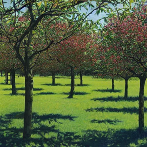 Image similar to dismal pine green by david ligare, by steve hanks. a beautiful photograph depicting a farm scene. the photograph shows a view of an orchard with trees in bloom.