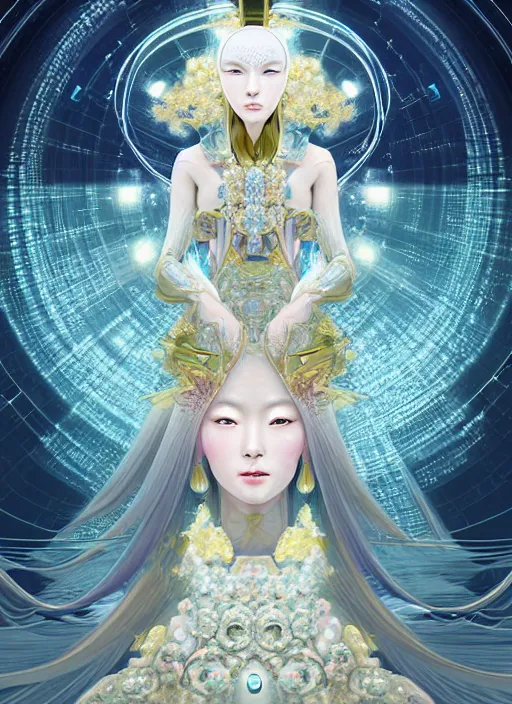 Prompt: porttait of a beautiful celestial Brazilian Japanese pearlescent multiversal Goddess wearing a futuristic luxurious Renaissance suit exposed in cryo chambers, ethereal and mecha theme, intricate, elegant, highly detailed, centered, digital painting, lush Japanese landscape, sakura season, Kyoto inspired, artstation, concept art, smooth, sharp focus, illustration, by James Jean, close-up, feminine slim figure, fancy