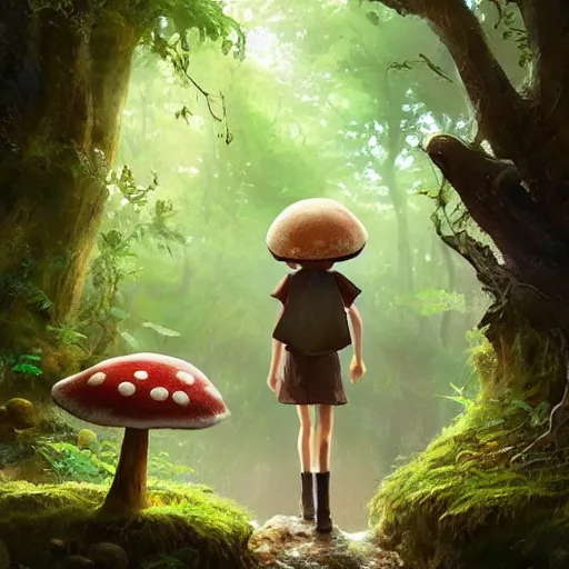 Prompt: a tiny mushroom person with a mushroom for a head walking by a stream in a lush forest. dramatic lighting cgsociety masterpiece, artstation trending, by rossdraws, ghibli, Kimi no Na wa, greg rutkowski, 4k, digital art, concept art, trending on artstation