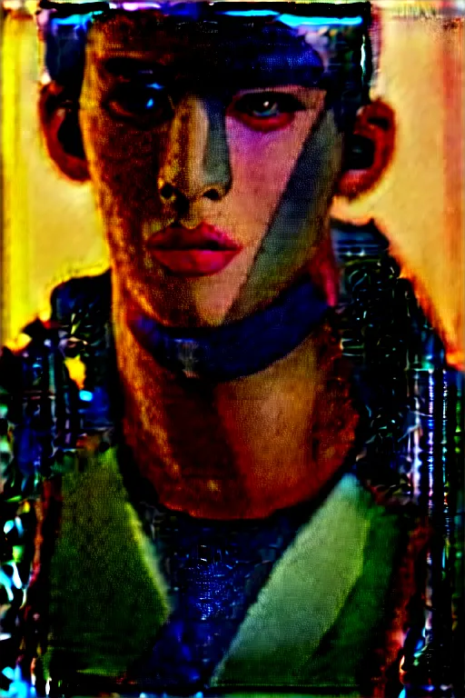 Image similar to a close - up risograph of cyberpunk japanese model men with black eyes and pretty face wearing lots of transparent and cellophane accessories, huge earrings, and queer make up, blue hour, twilight, cool, portrait, kodachrome, iso 1 2 0 0, photo by mayumi hosokura, style by moebius