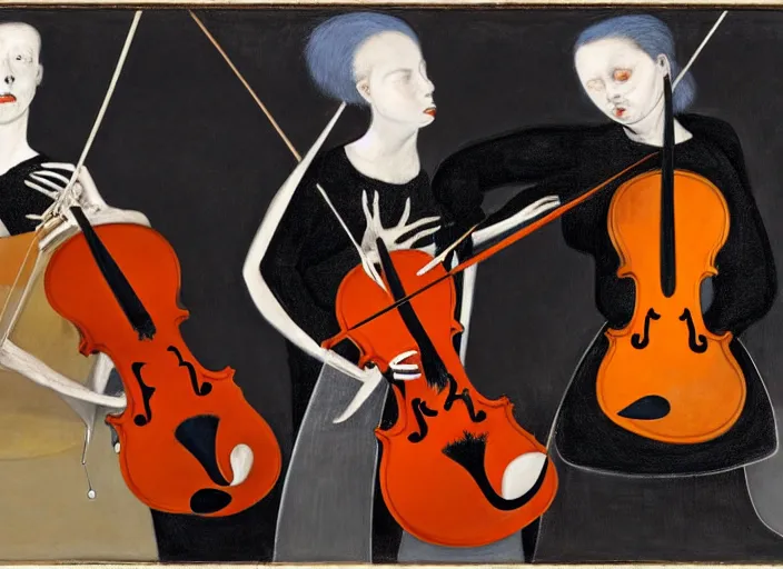 Prompt: two violin young violin players din distress, francis bacon and pat steir and nicolas party and hilma af klint, james jean, psychological, intriguing details, altermodern