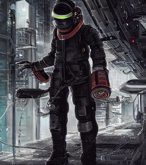 Image similar to realistic cyberpunk japanese engineer with long limbs and a black spacesuit welding a wall, techwear, dead space, visible face, Industrial Scifi, detailed illustration, character portrait, by Martin Grip and Moebius