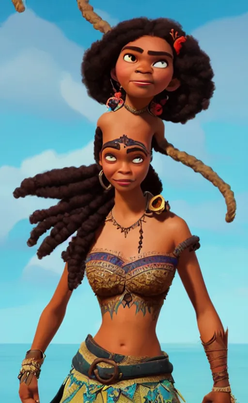 Image similar to a pirate queen in the style of pixar's moana, in the style of aardman animations, mars ravelo and greg rutkowski