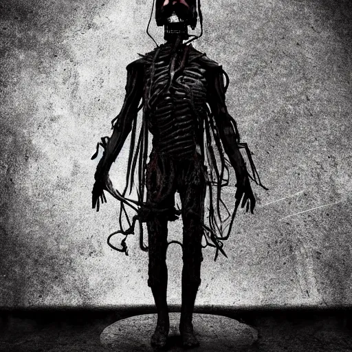 Image similar to full-body dark creepy gothic realistic drawing central composition a decapitated soldier with futuristic elements. he welcomes you under with no head, empty helmet inside is occult mystical symbolism headless full-length view. standing on ancient altar eldritch energies disturbing frightening, hyper realism, 8k, sharpened depth of field, 3D