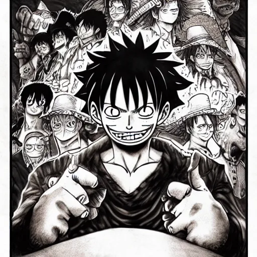 Prompt: [ luffy mustache ] ( by kim jung gi ) ( by kentaro miura ) ( by takao saito )