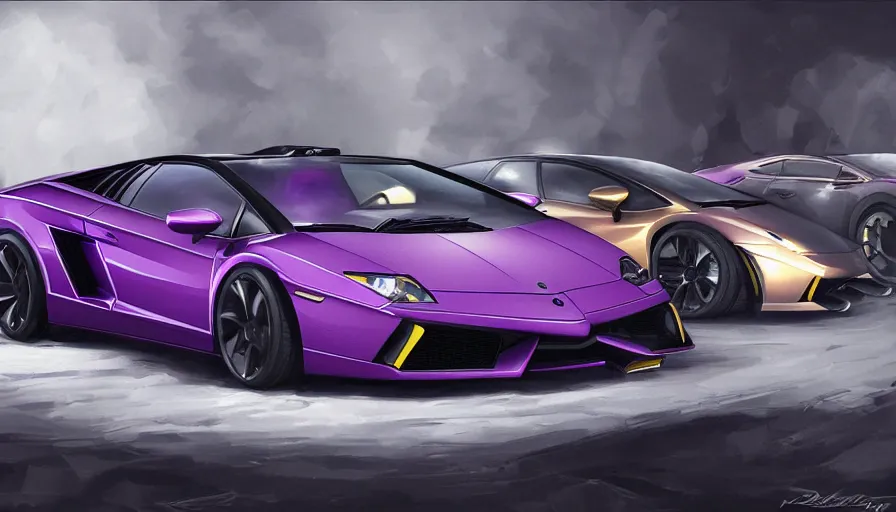 Image similar to purple and gold lamborghini galardo, black interior, hyperdetailed, artstation, cgsociety, 8 k