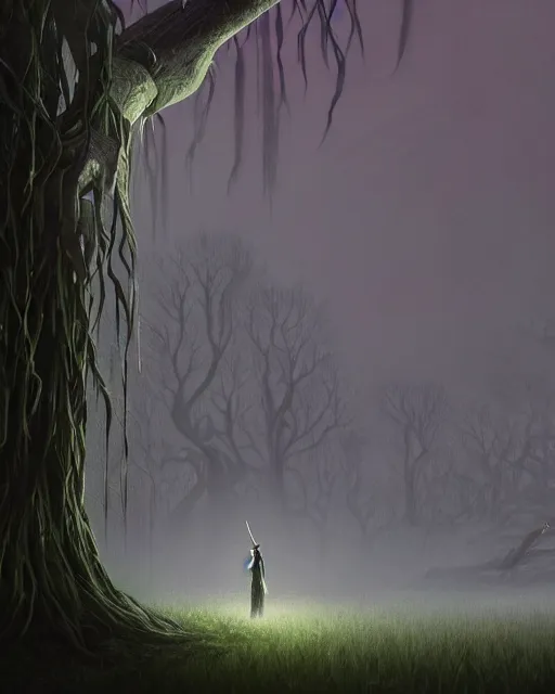 Image similar to highly detailed surreal vfx portrait of a cursed dagger in a shadowy swamp by a willow tree, stephen bliss, unreal engine, greg rutkowski, loish, rhads, beeple, makoto shinkai and lois van baarle, ilya kuvshinov, rossdraws, tom bagshaw, alphonse mucha, global illumination, detailed and intricate environment