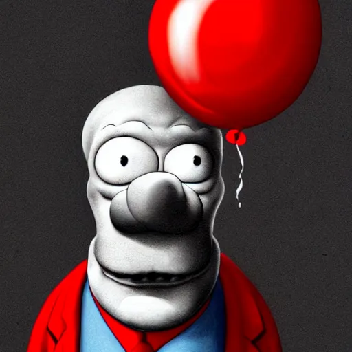 Image similar to surrealism grunge cartoon portrait sketch of clown with a wide smile and a red balloon by - michael karcz, loony toons style, homer simpson style, horror theme, detailed, elegant, intricate