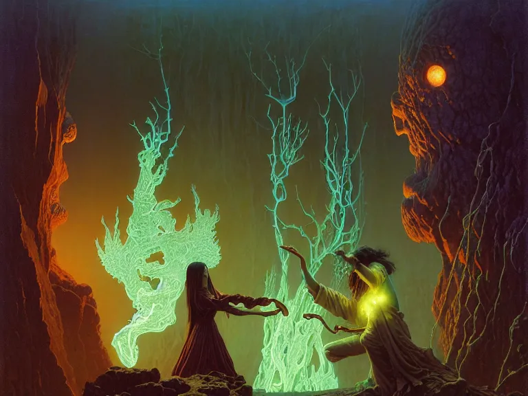 Image similar to the female arcanist and the male artificer by albert bierstadt and gerald brom and zdzisław beksinski and james gilleard and wayne barlowe and marc simonetti, highly detailed, hyperrealistic, intricate, floating metallic objects, energy, electricity, blue flames, low light, glowing green crystals, high contrast