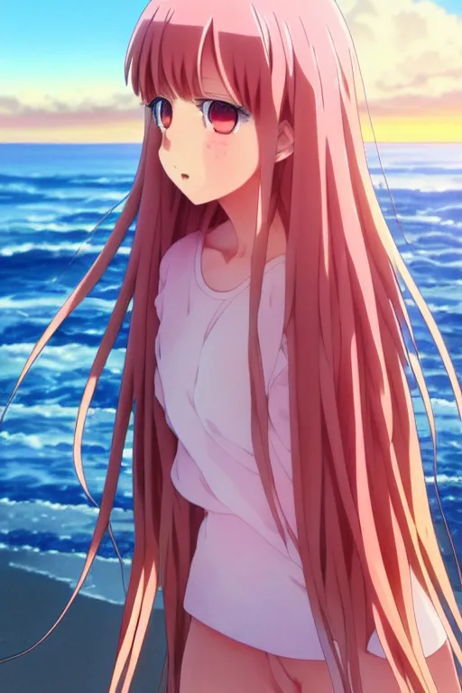 Prompt: anime art full body portrait character concept art, anime key visual of young female, salmon pink straight bangs and large eyes, finely detailed perfect face delicate features directed gaze, on the beach at sunset, trending on pixiv fanbox, studio ghibli, extremely high quality artwork