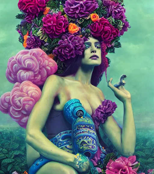 Image similar to portrait of quetzalcoatl, surrounded by flowers, by nan goldin, moebius, tom bagshaw, rococo, trending on artstation, muted lighting, hyper realism, octane render, 8 k, hyper detailed, ink by dave gibbons