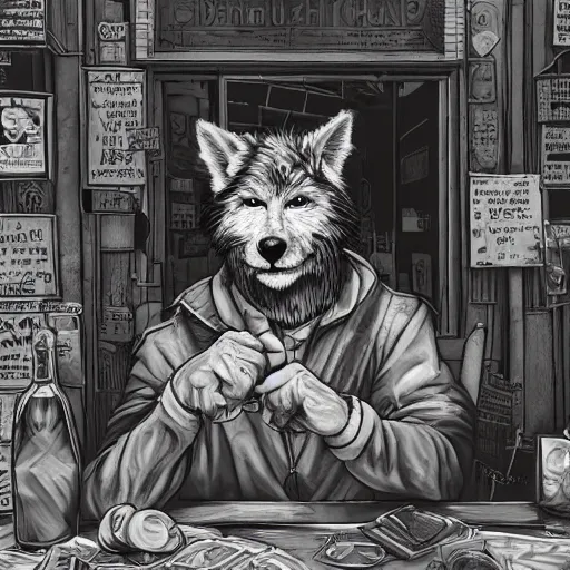 Prompt: fotoportrait of hobo artist drawing furries for booze on the dirty street. symmetry, awesome exposition, very detailed, highly accurate, intricate, professional lighting diffracted lightrays, 8 k, sense of awe