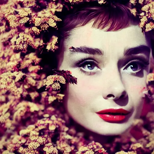 Prompt: fine art photo of audrey hepburn, she has a crown of dried flowers, by oleg oprisco
