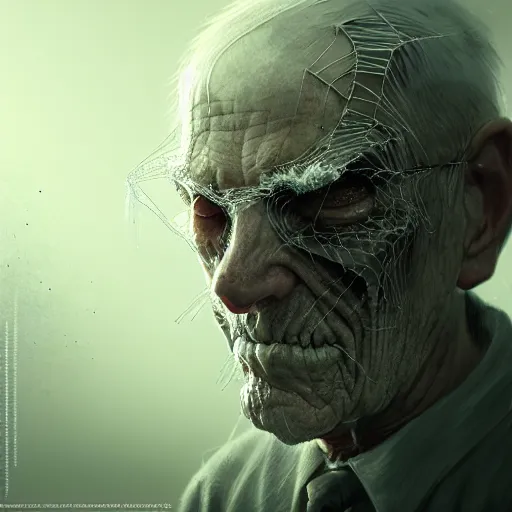 Image similar to an old man with thick cobwebs covering his face, cobwebs, spooky, atmosphere, detailed, realistic, unreal engine, cgsociety, by wlop and artgerm