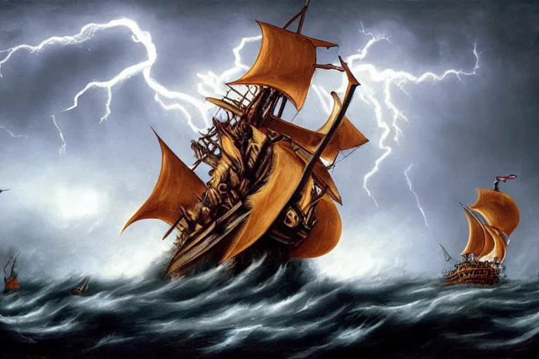 Image similar to giant kraken attacking a pirate sail boat, storm, lightning, rain, fantasy, horror